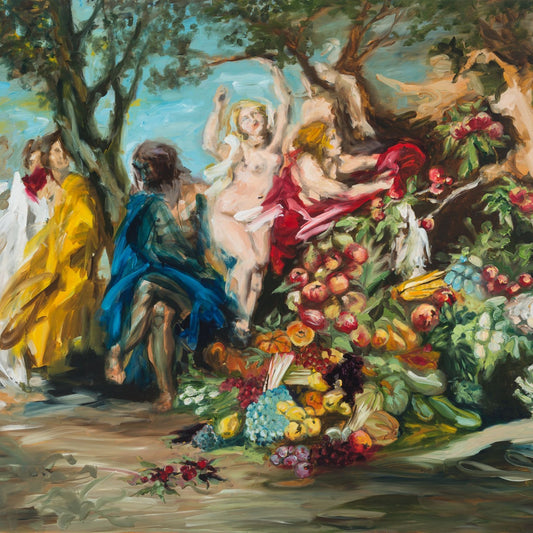 Abstract depiction of fruit, vegetables and people in this colourful print of an original work by Anita Desoto