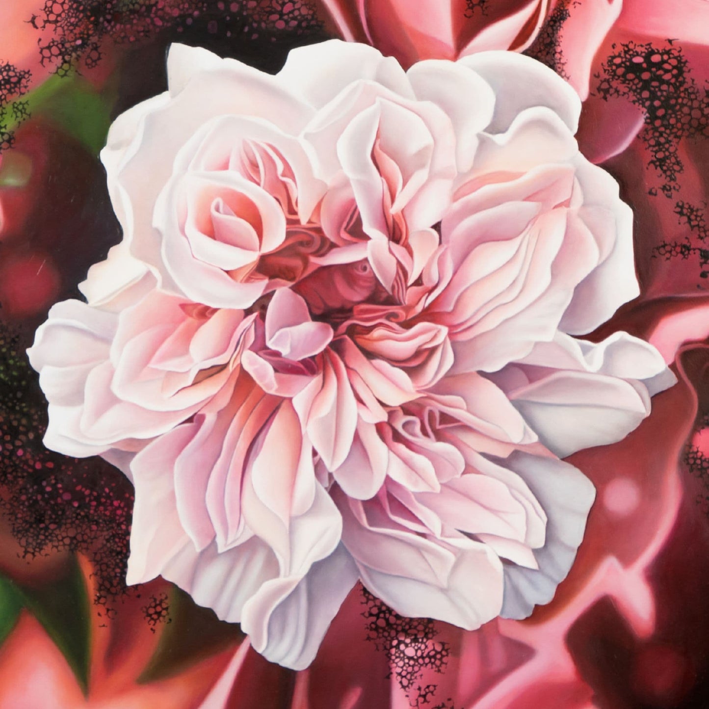 Close-up of a Round oil painting of a pink rose within a rose on a colorful abstract background