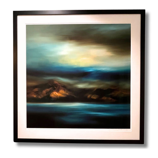 "Honour" framed limited-edition museum-quality print of Jane Blackmore's moody and vibrant artwork in blues and golden browns.