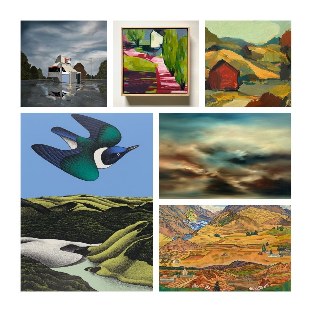 A collage of six colourful New Zealand landscape artworks arranged in a grid on a white background.