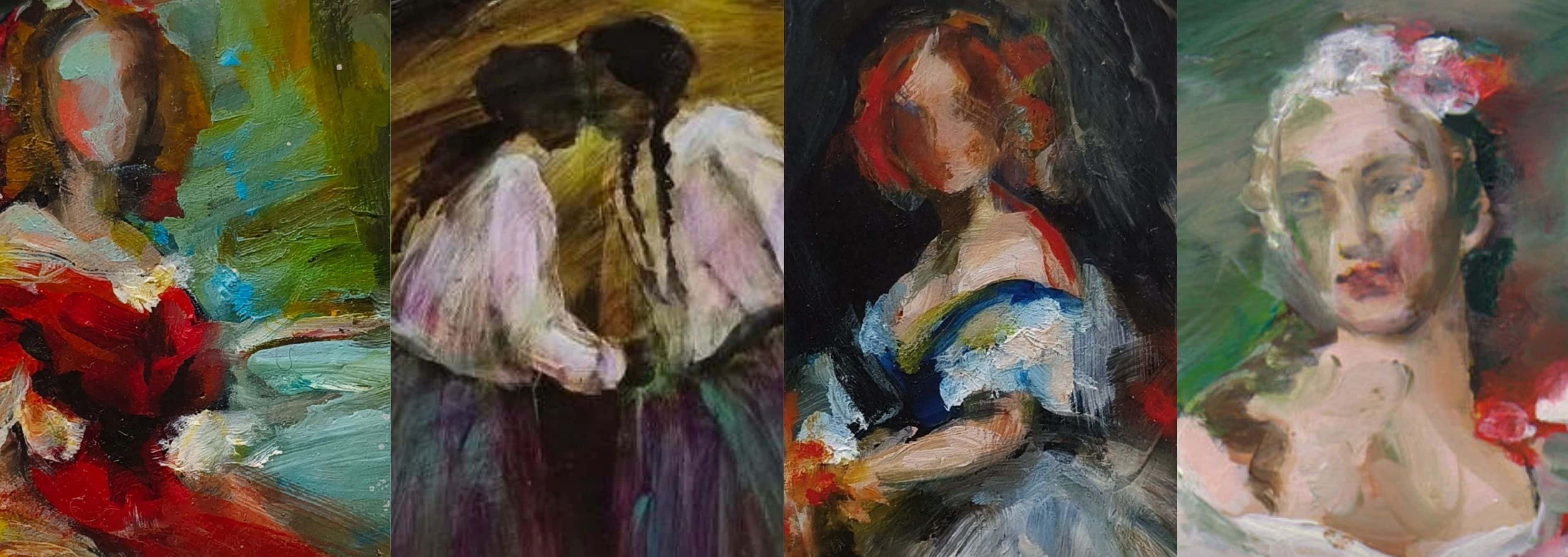 Four classical paintings of women in elaborate dresses with flowers in their hair.