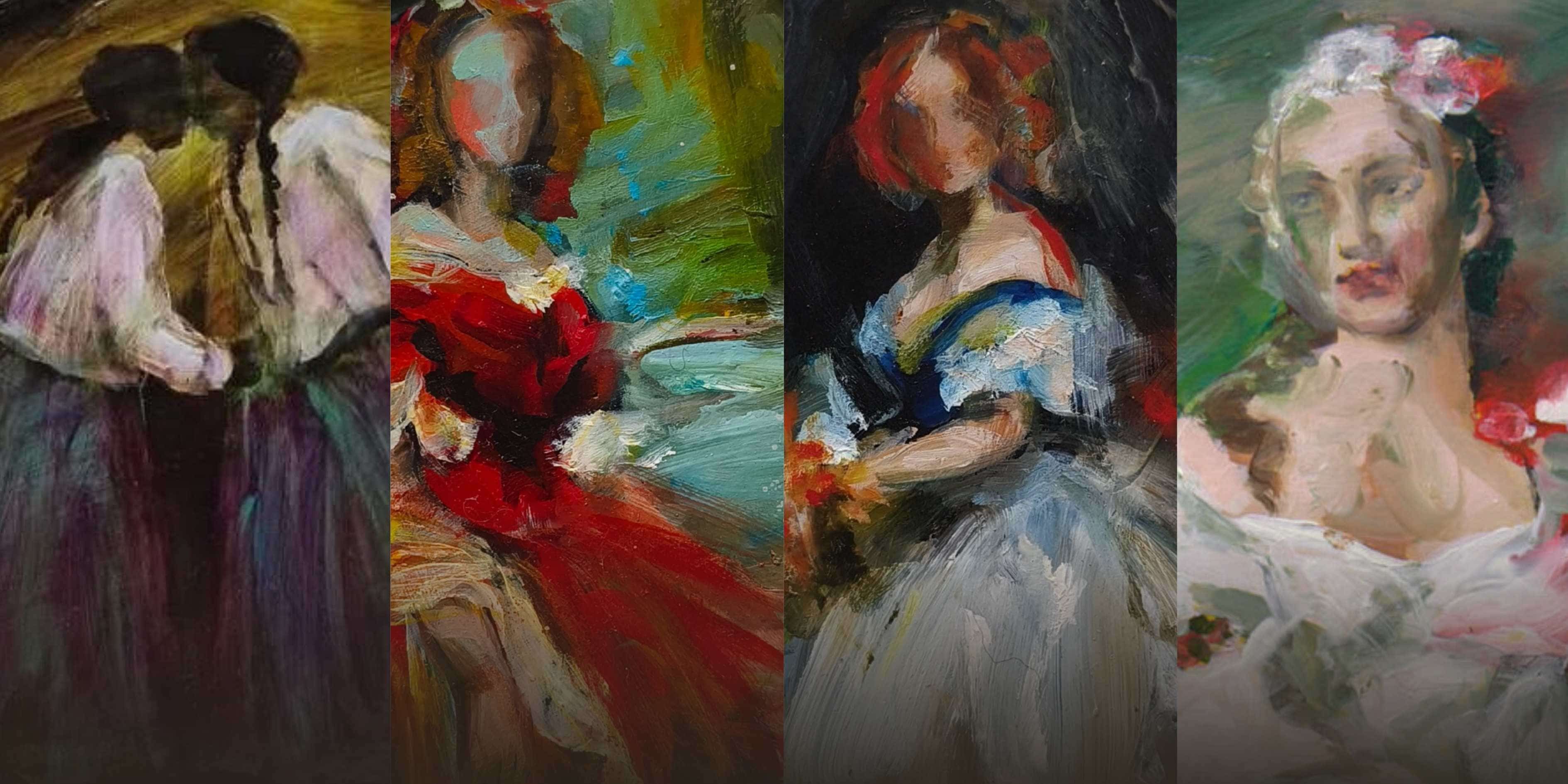Collage of four classical painting portraits with vibrant colors and detailed attire.