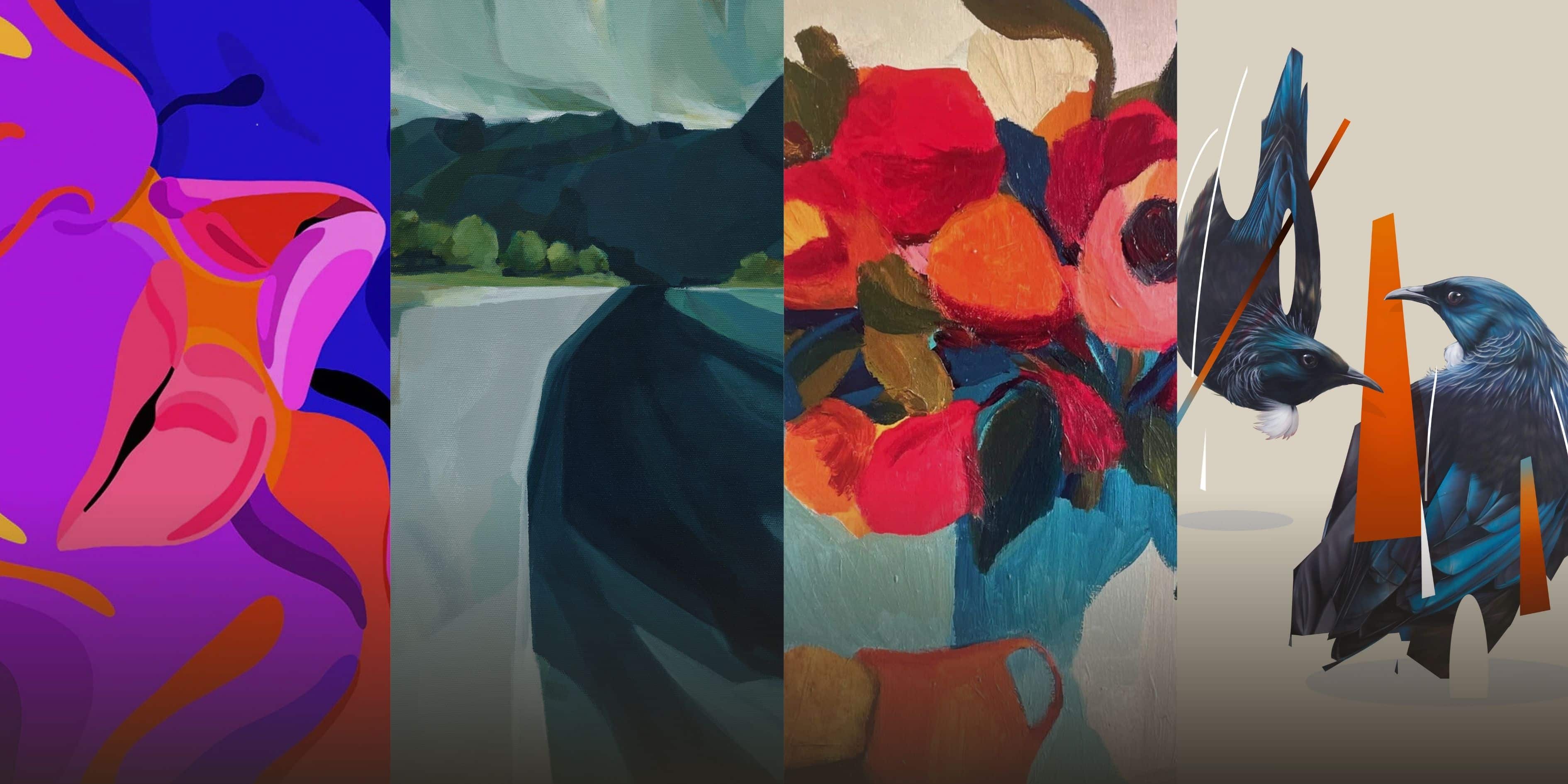 Five abstract artworks with vibrant colors and shapes.