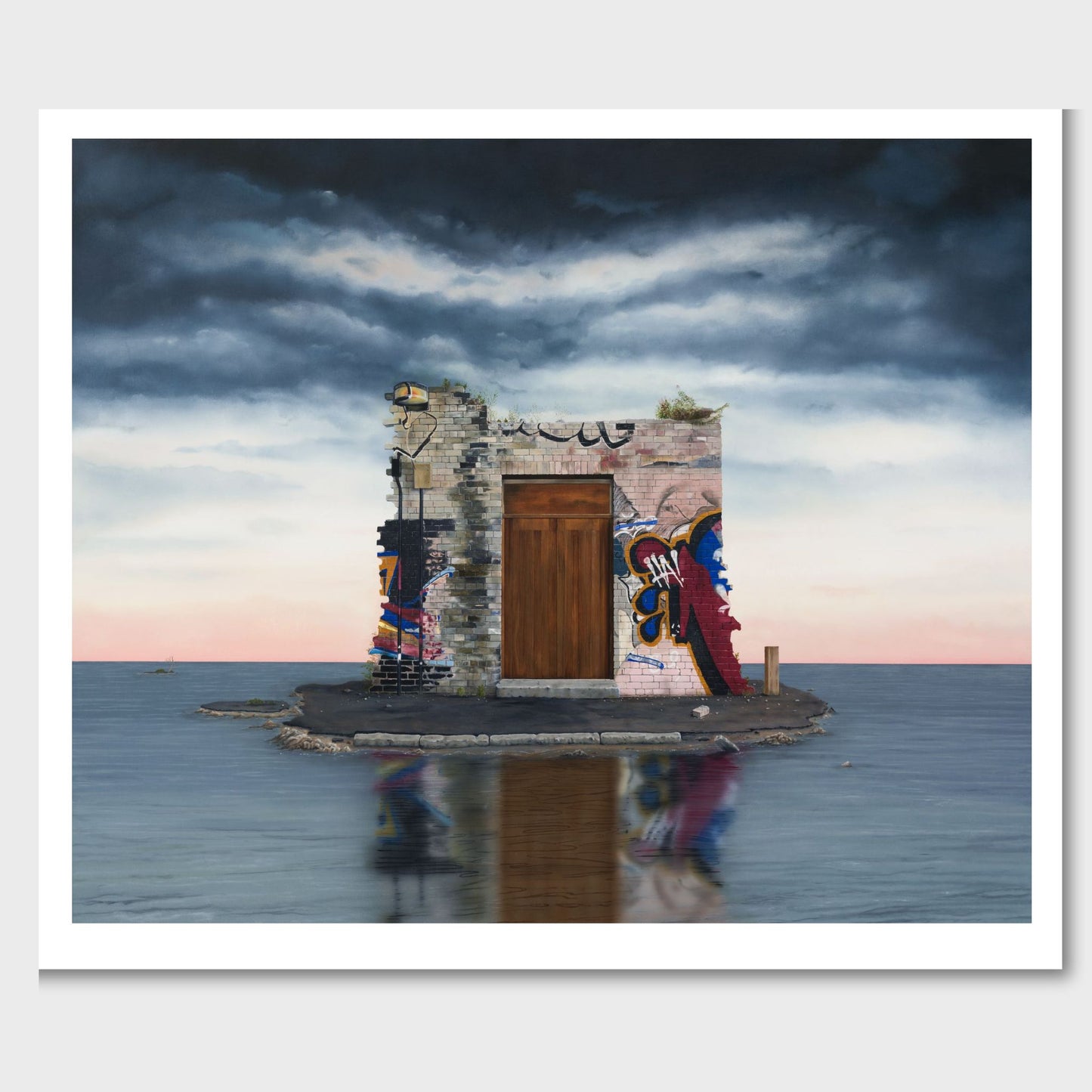 Artistic depiction of a small island with a building and colorful mural on a body of water under a dramatic sky.