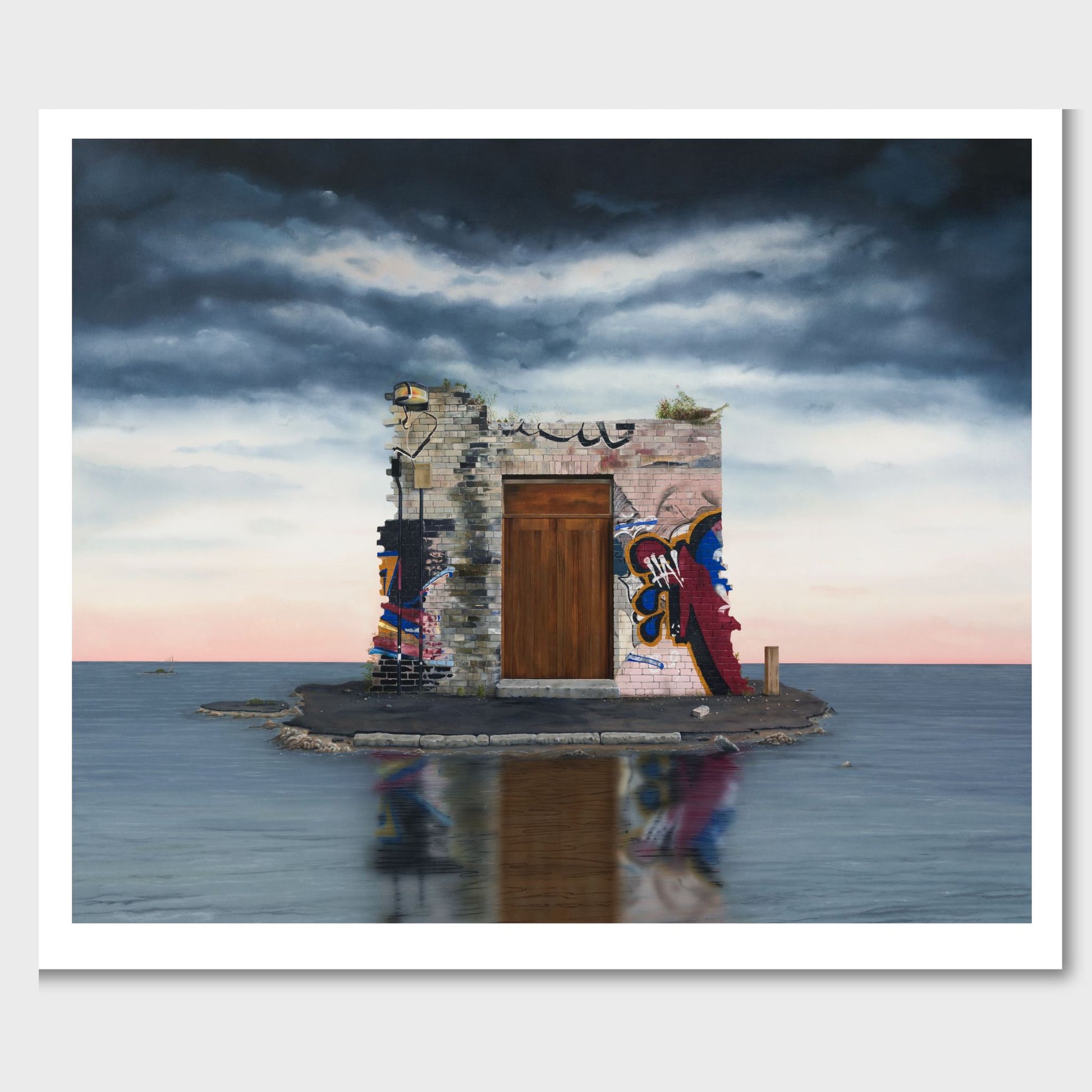 Artistic depiction of a small island with a building and colorful mural on a body of water under a dramatic sky.