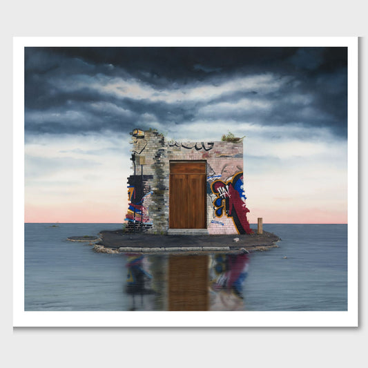 Artistic depiction of a small island with a building and colorful mural on a body of water under a dramatic sky.