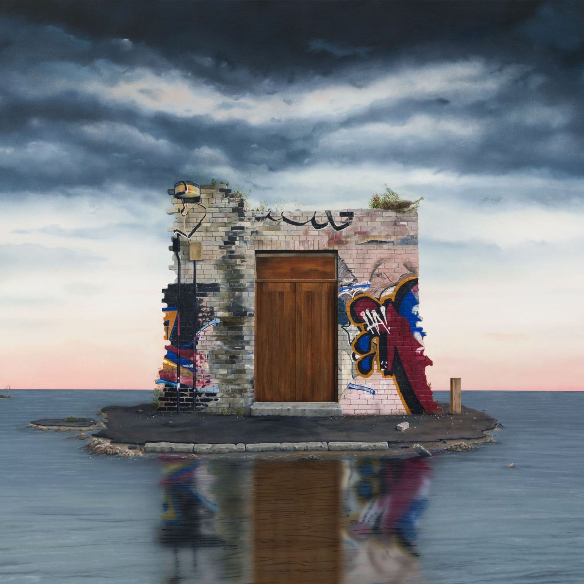 Artistic depiction of a door within a brick wall on an island with a dramatic sky