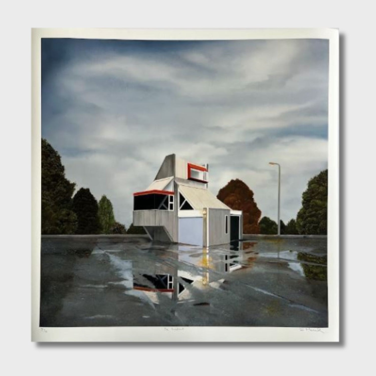 Artwork of a small abandoned building with trees in the background, reflected in a puddle of water