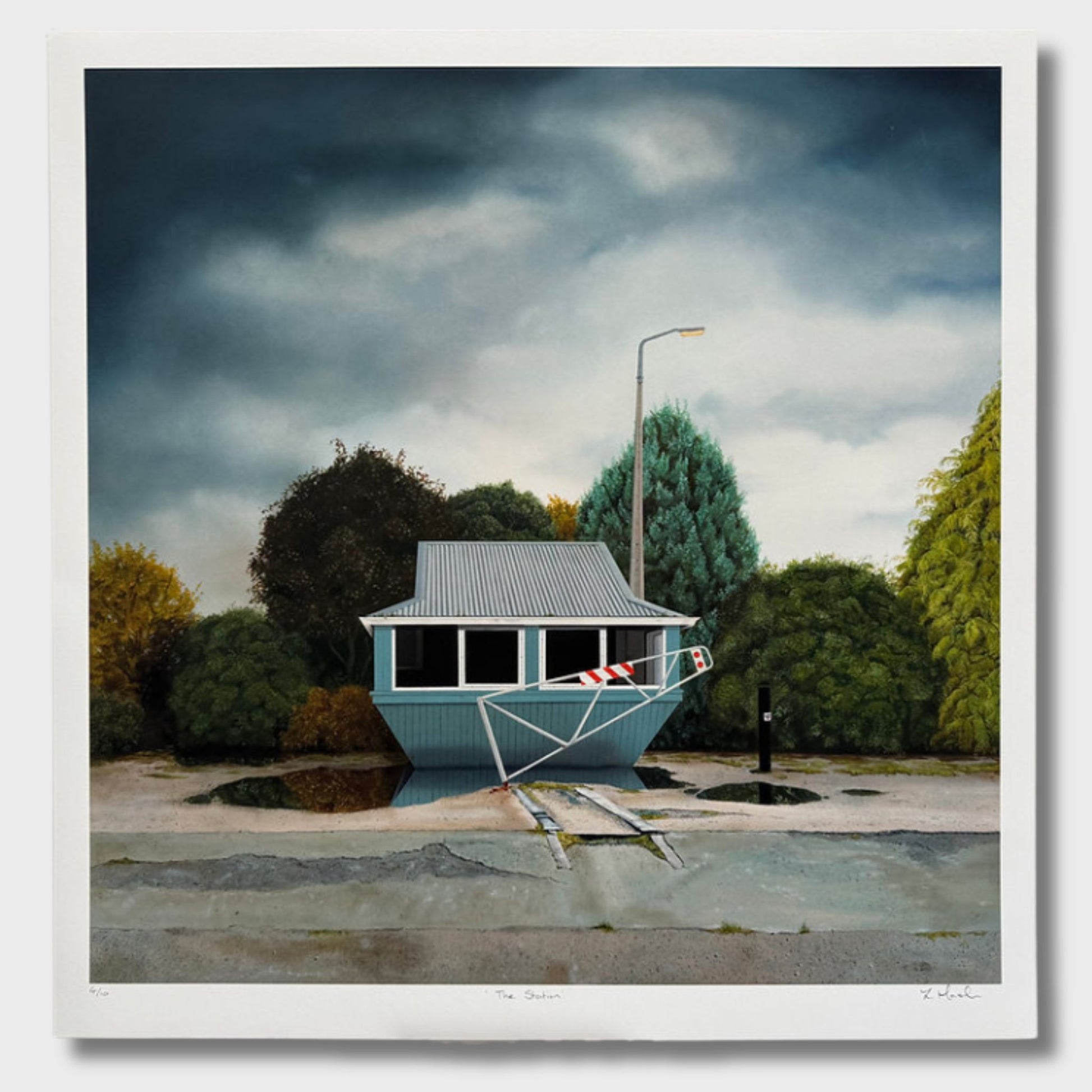 Artistic depiction of a small abandoned building in a park-like setting with trees and a cloudy sky.
