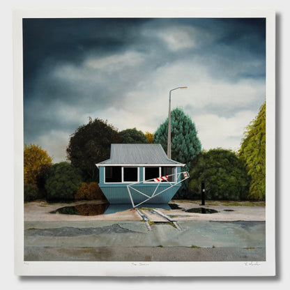 Artistic depiction of a small abandoned building in a park-like setting with trees and a cloudy sky.
