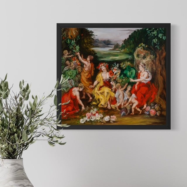 Colourful Renaissance tableau style Limited Edition Print by Anita DeSoto, framed and hanging on white wall