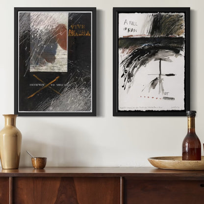 Two abstract Ralph Hotere artworks on a wall above a wooden cabinet with decorative items.