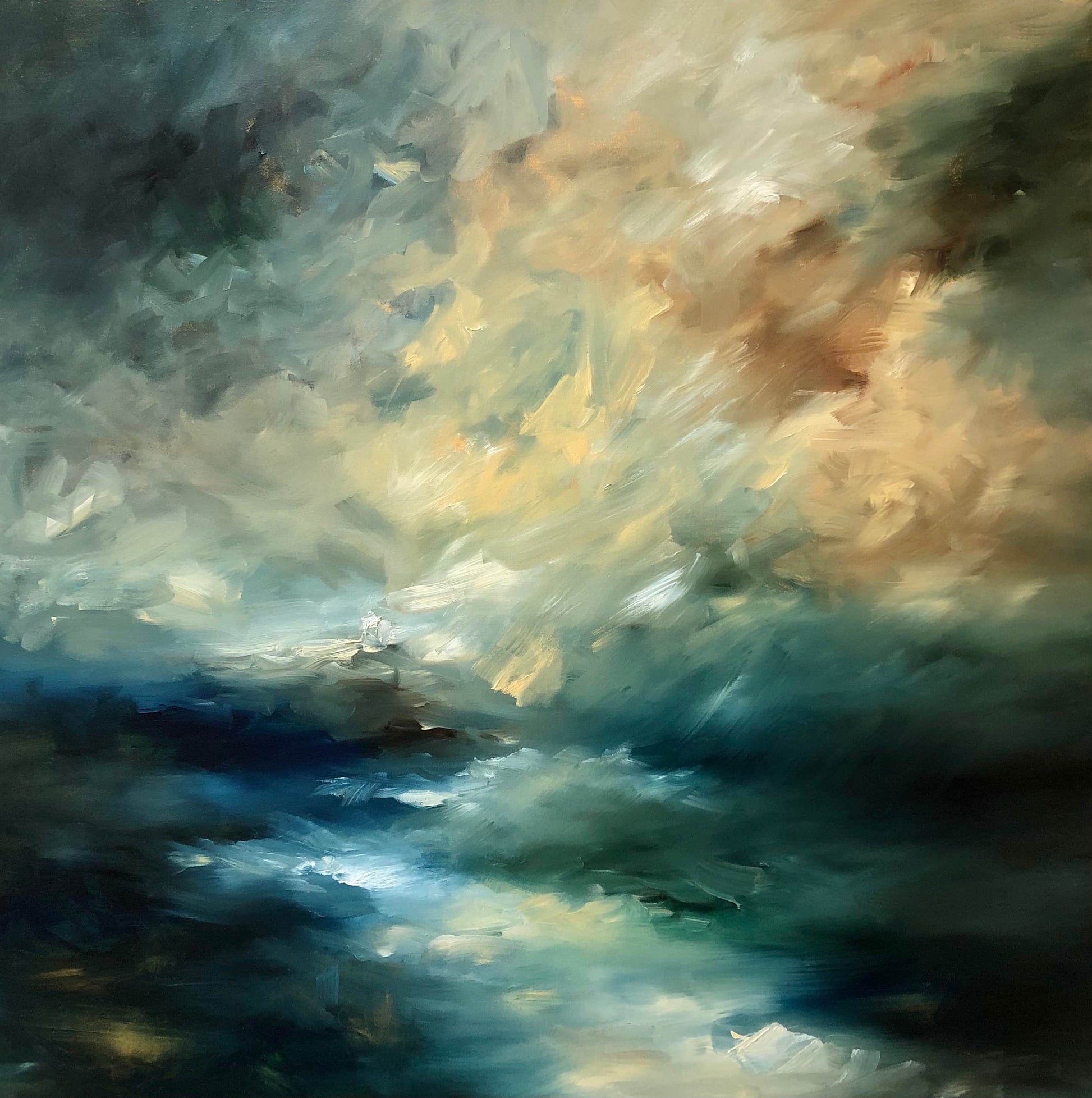 Abstract print of wild stormy weather at sea with light house in background