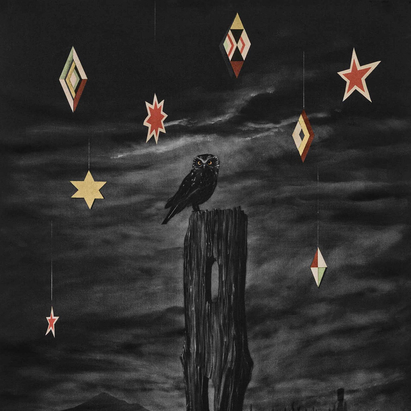 Dark surreal artwork, Nocturnal by Paula Coulthard, showing a black ruru perched on a weathered wooden post against a cloudy night sky, with hanging geometric and star-shaped ornaments in cream, red, and gold.