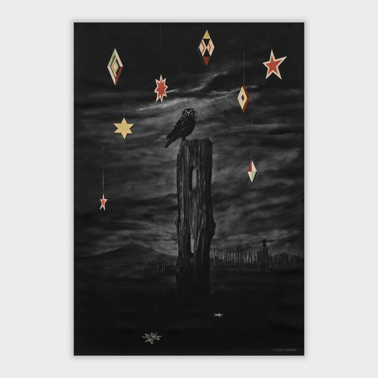 Dark surreal artwork, Nocturnal by Paula Coulthard, showing a black ruru perched on a weathered wooden post against a cloudy night sky, with hanging geometric and star-shaped ornaments in cream, red, and gold.