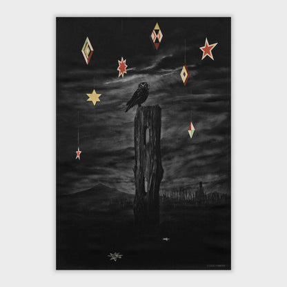 Dark surreal artwork, Nocturnal by Paula Coulthard, showing a black ruru perched on a weathered wooden post against a cloudy night sky, with hanging geometric and star-shaped ornaments in cream, red, and gold.