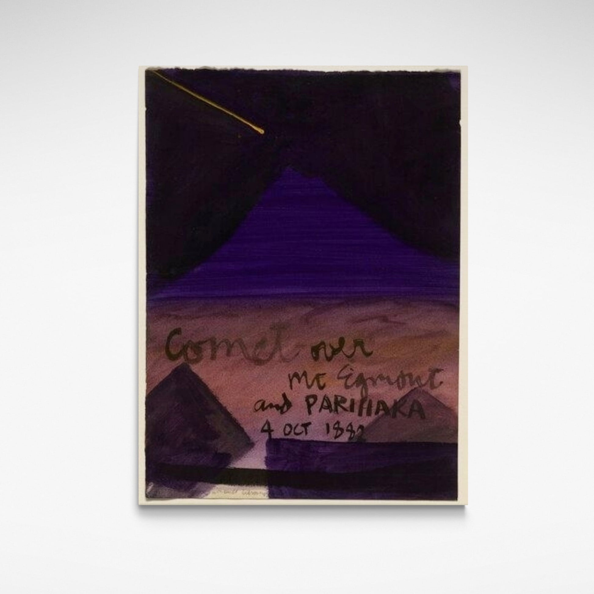 Abstract print of a comet over a mountain with text on a plain background