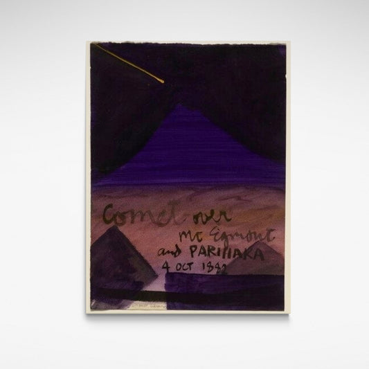 Abstract print of a comet over a mountain with text on a plain background
