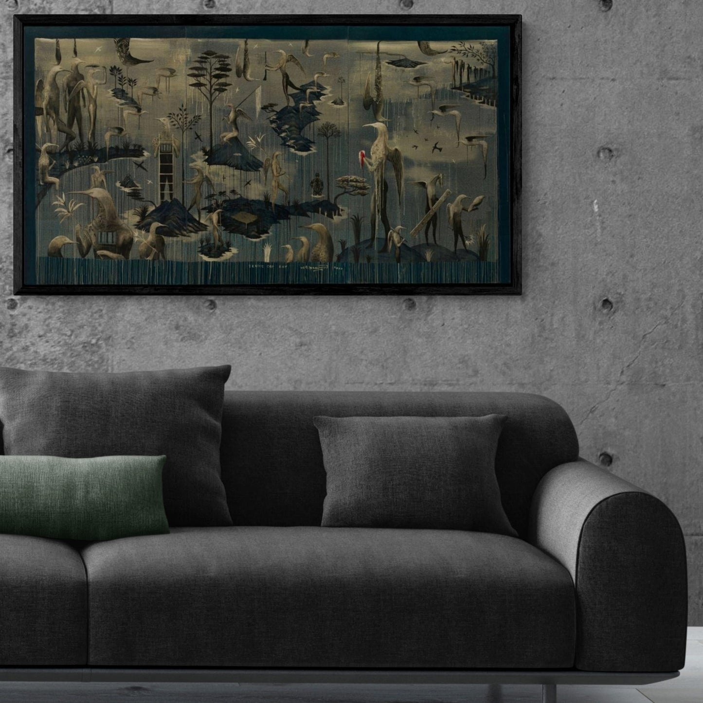 Dark painting depicting hybrid bird humans hanging on wall above couch