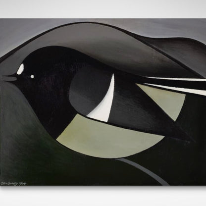 Print of large bird against dark grey and black mountains.