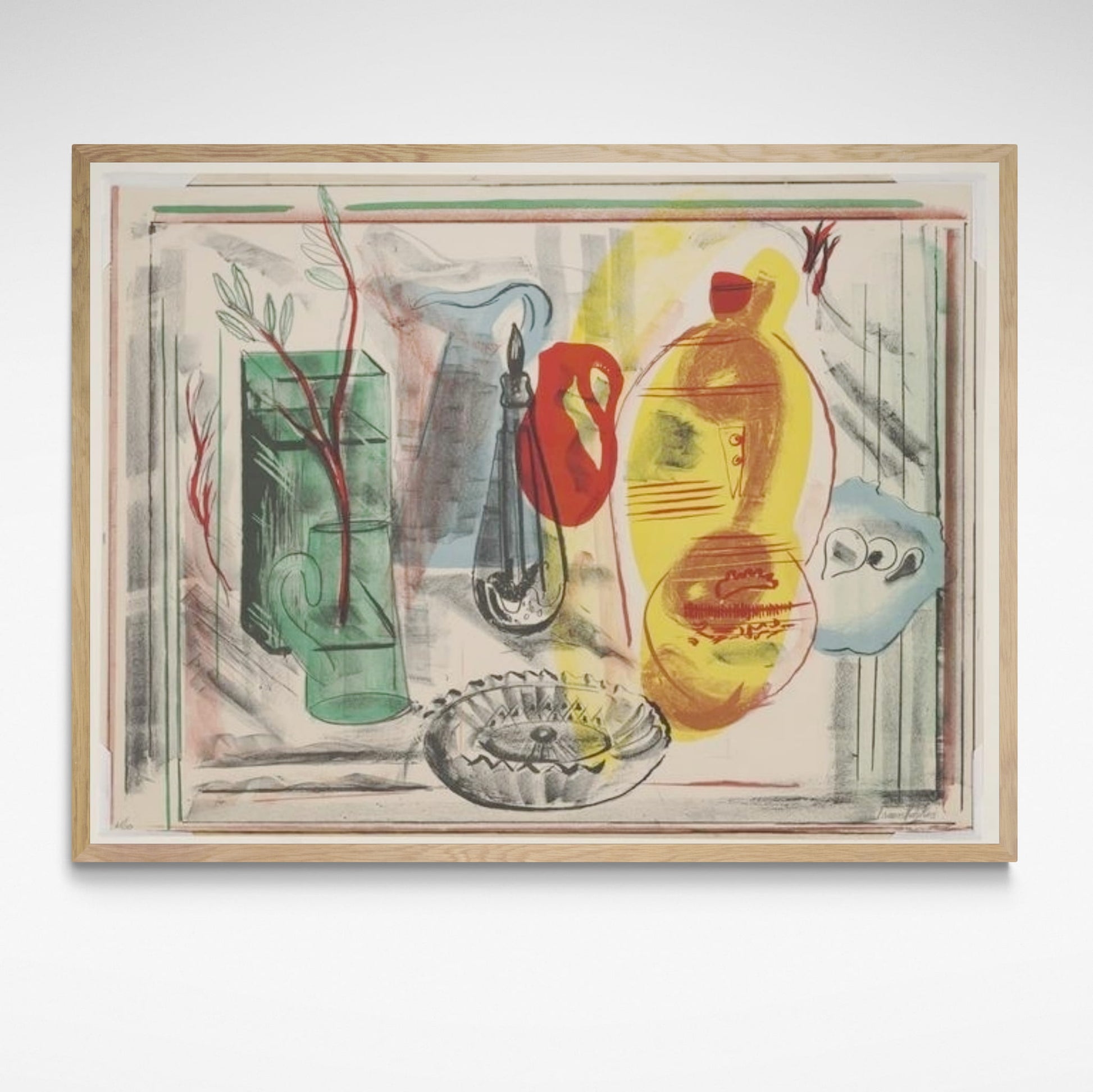 Framed print of a still life arrangement of jugs, vases and vessels in jewel like colours.