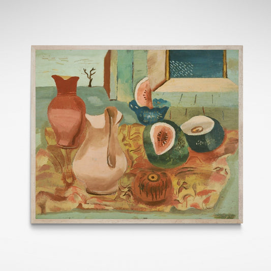 Still life of melons, jugs and vessels on green background.