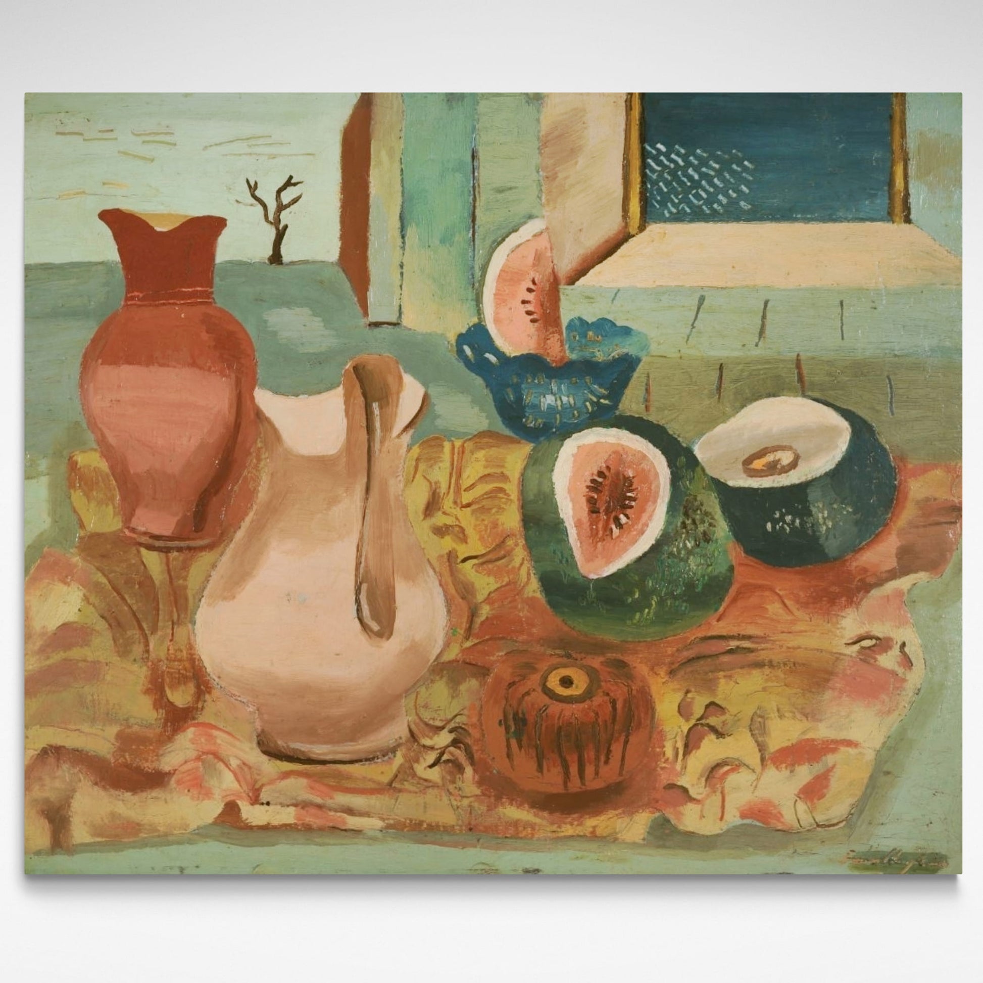 Still life of melons, jugs and vessels on green background.