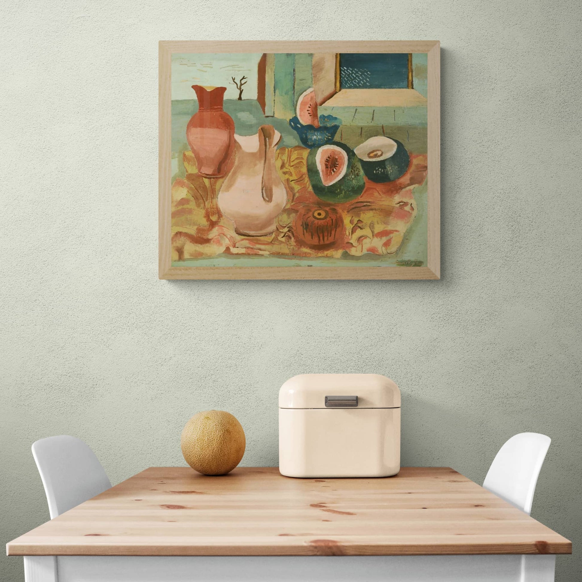 Still life of melons, jugs and vessels on green background hanging on wall above table.
