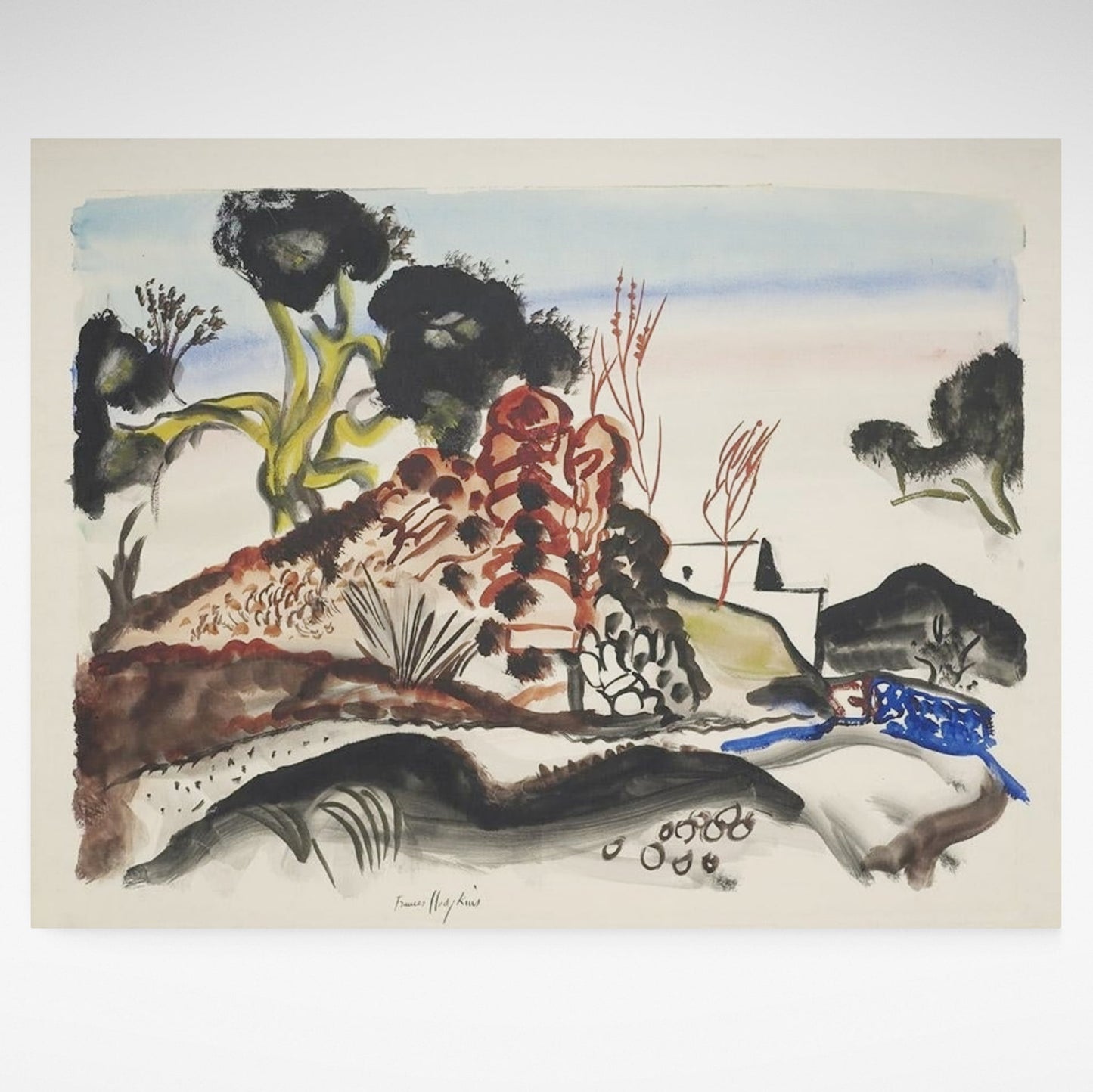 Abstract print of trees and hills in Ibiza