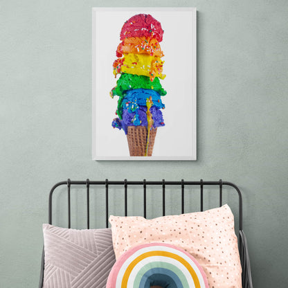 Framed and hanging print of a rainbow coloured ice cream cone.