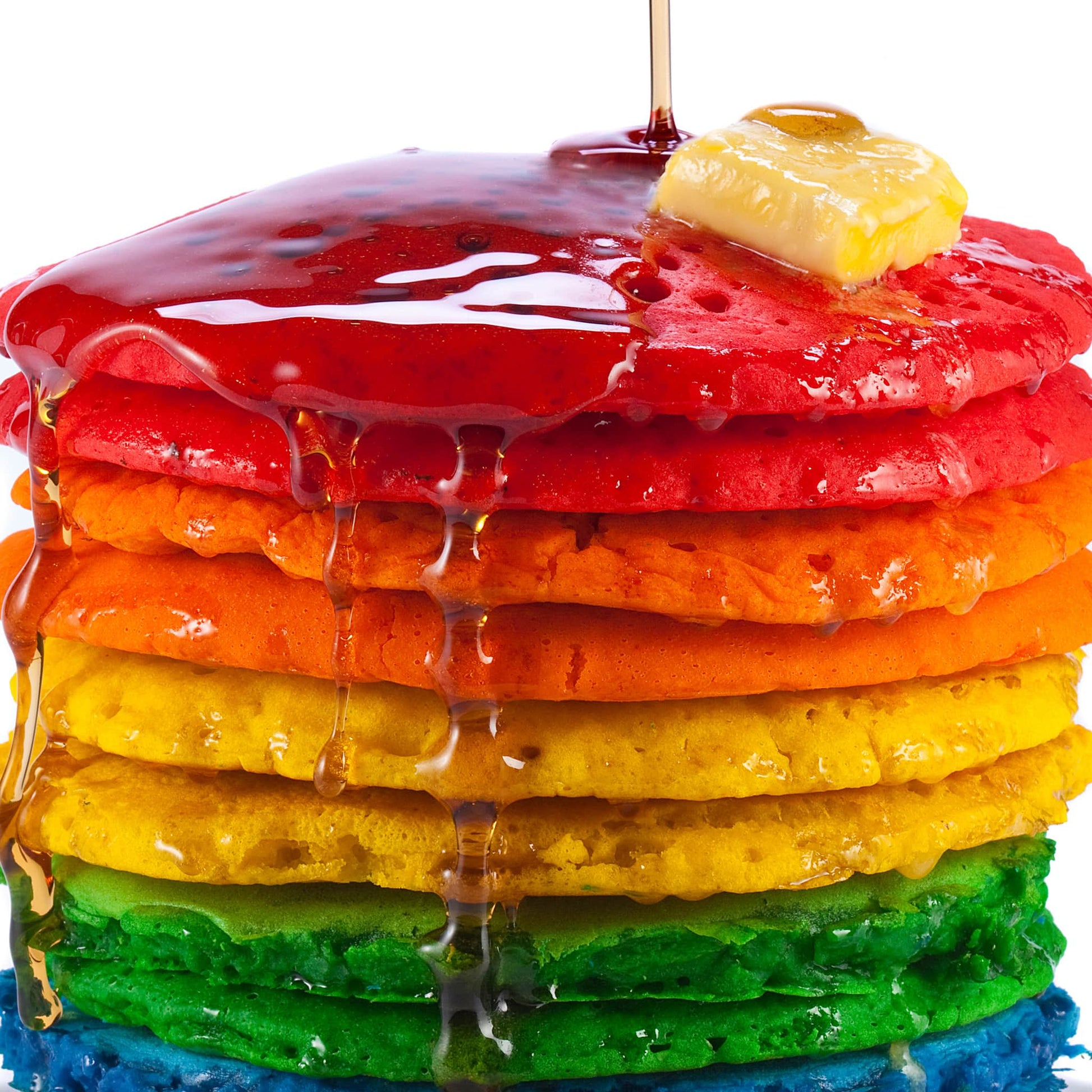 Closeup of a photographic print of a brightly coloured pancake stack by Henry Hargreaves from the "Food of the Colour" series.