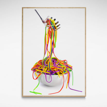 Framed rainbow coloured spaghetti print