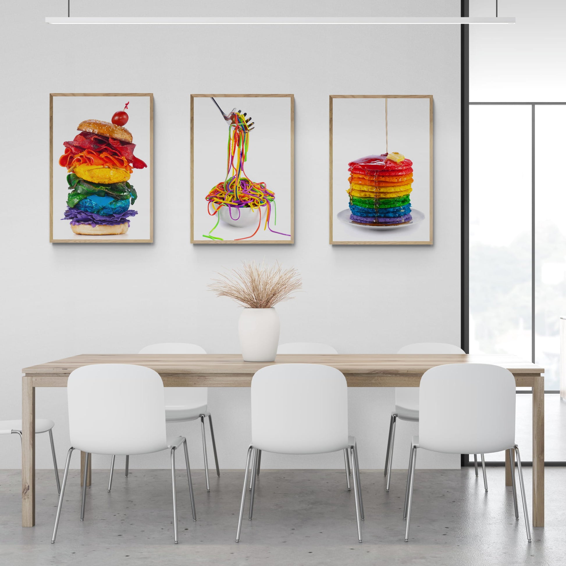 Framed and hanging "Food of the Rainbow" series of colourful food prints by Henry Hargreaves.