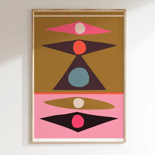 Pink, brown and black geometric abstract print.