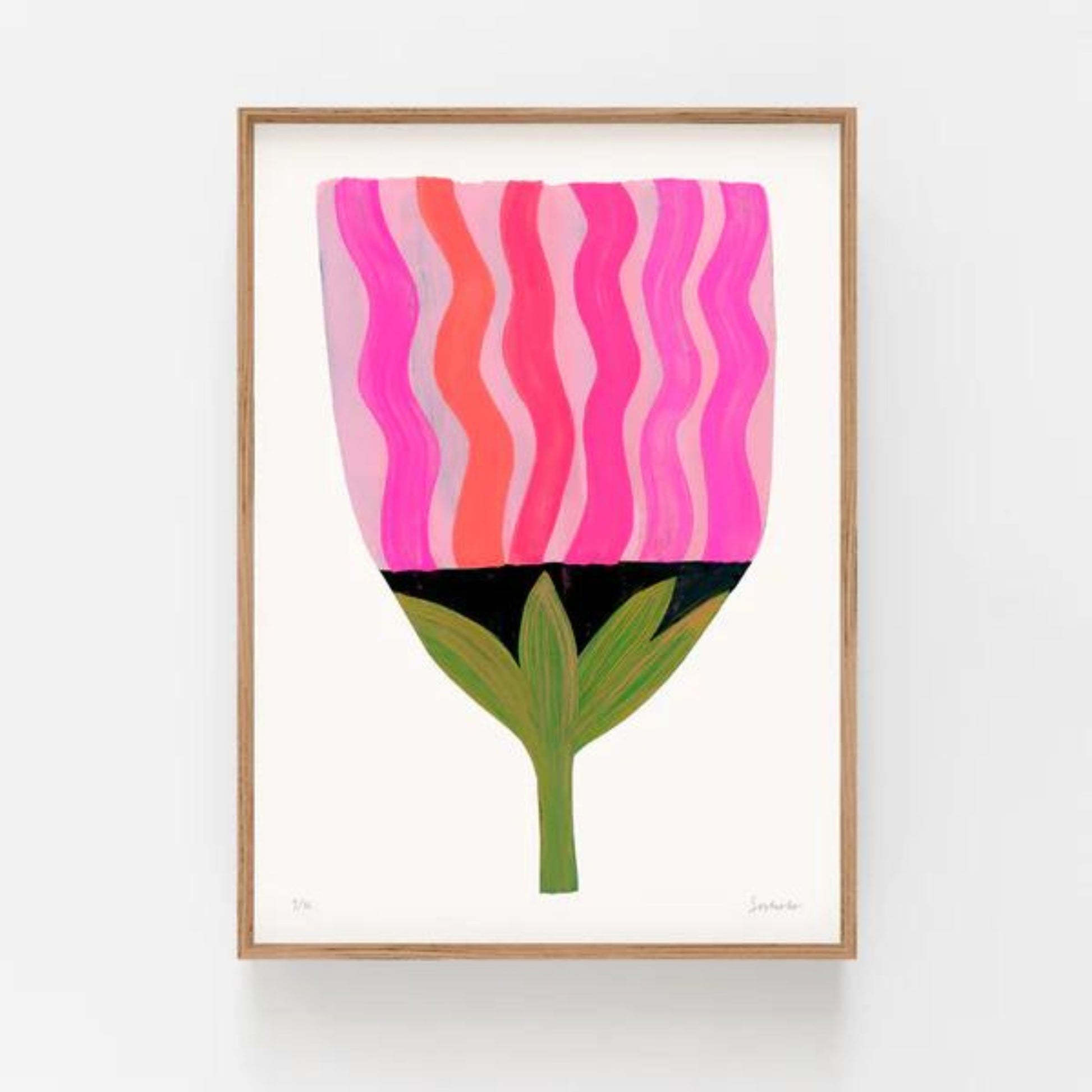 Framed abstract print of tulip with multi coloured pink stripes and green stem. 