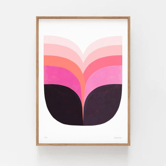 Abstract print of a tulip layered in pinks with black base
