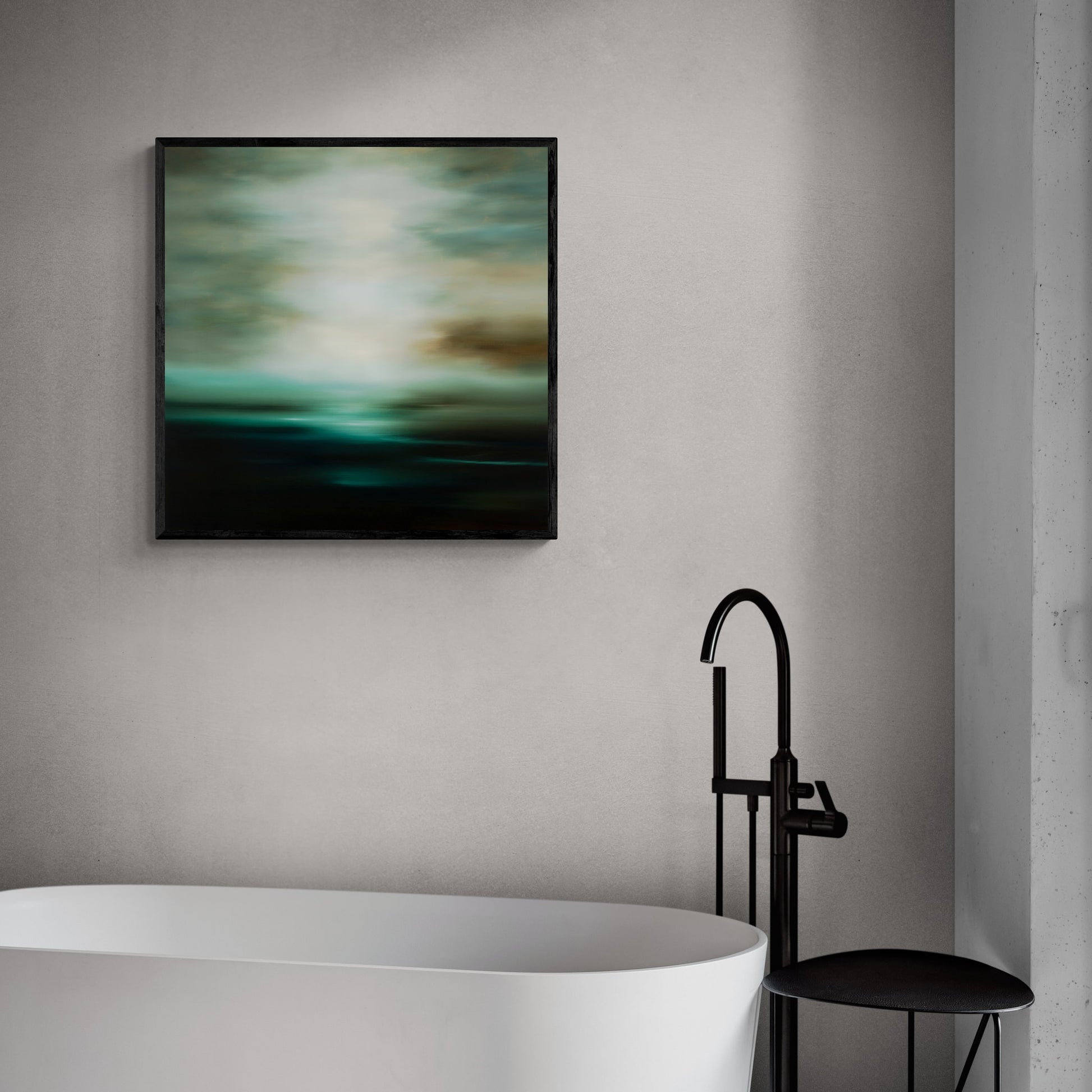Framed moody landscape of greens and white cloudy coastal horizon hanging above a bath.