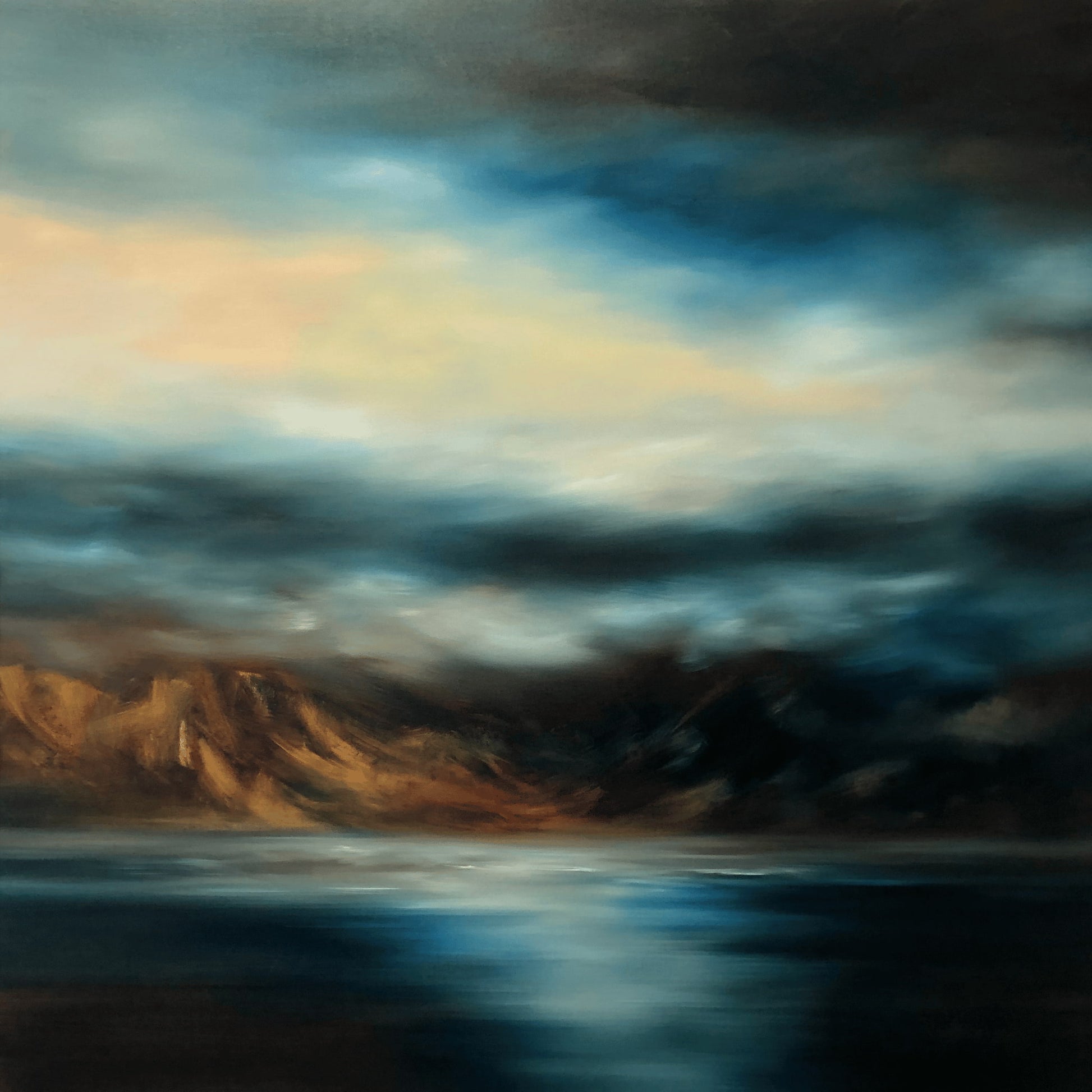  Landscape  print of sea, mountains and sky in moody blues and browns. 
