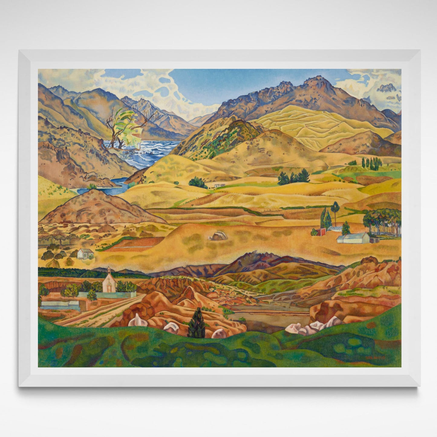 Abstract landscape print of Central Otago with bright yellow, green and blue.