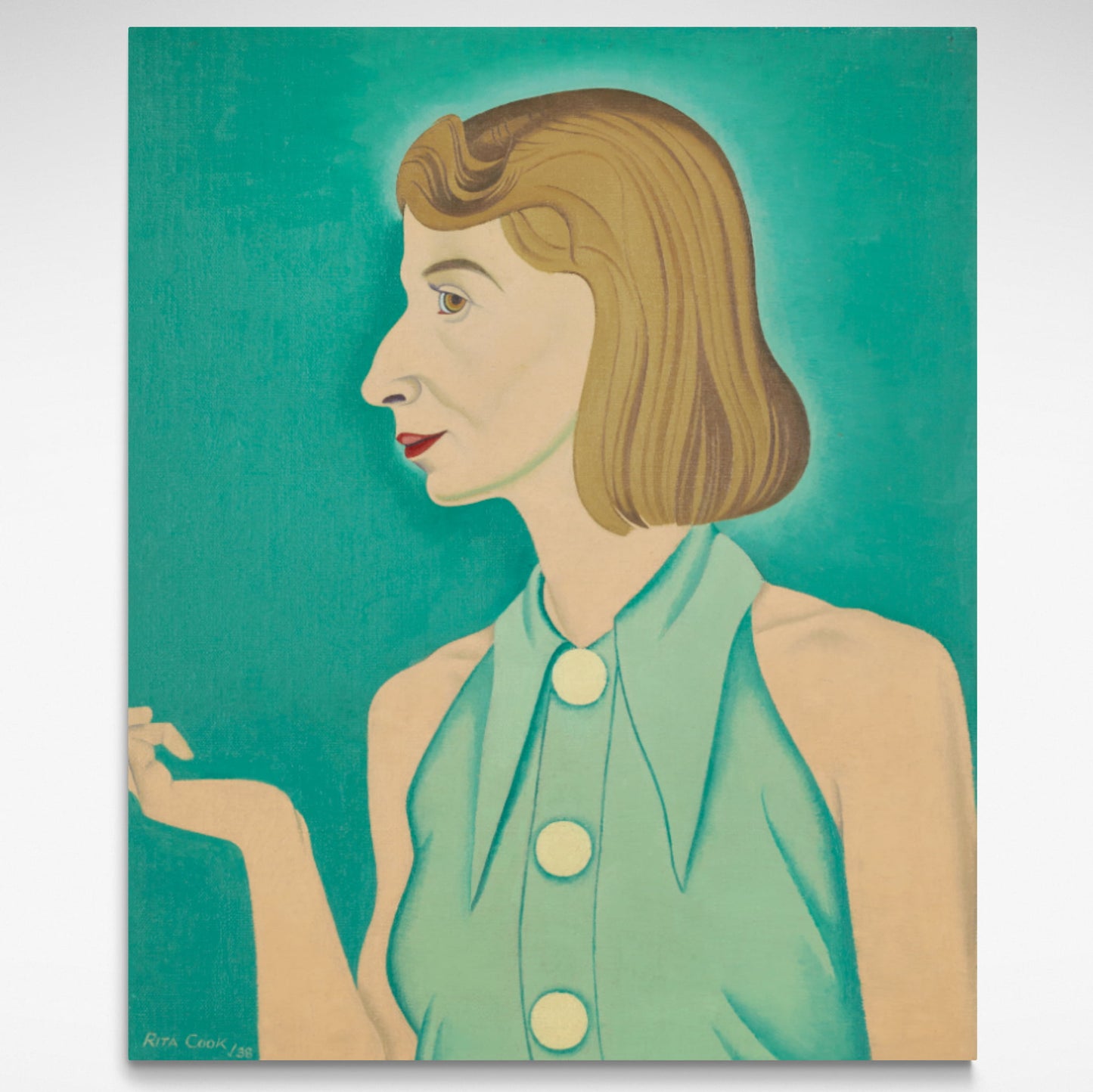 Side on self portrait of Rita Angus in a Cleaoptra pose, on a vivid viridian green bacgound.