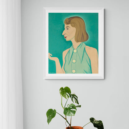 Side on self portrait of Rita Angus in a Cleaoptra pose, on a vivid viridian green bacgound framed and hanging on wall above a pot plant.