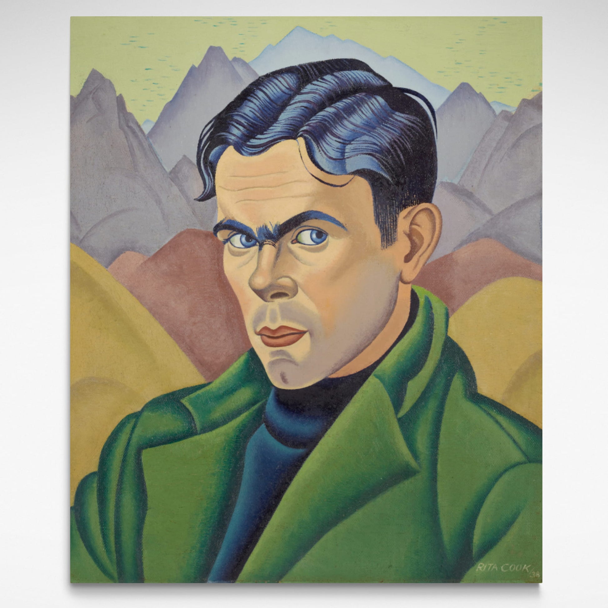 Portrait of a man in a green coat against a background of mountains.