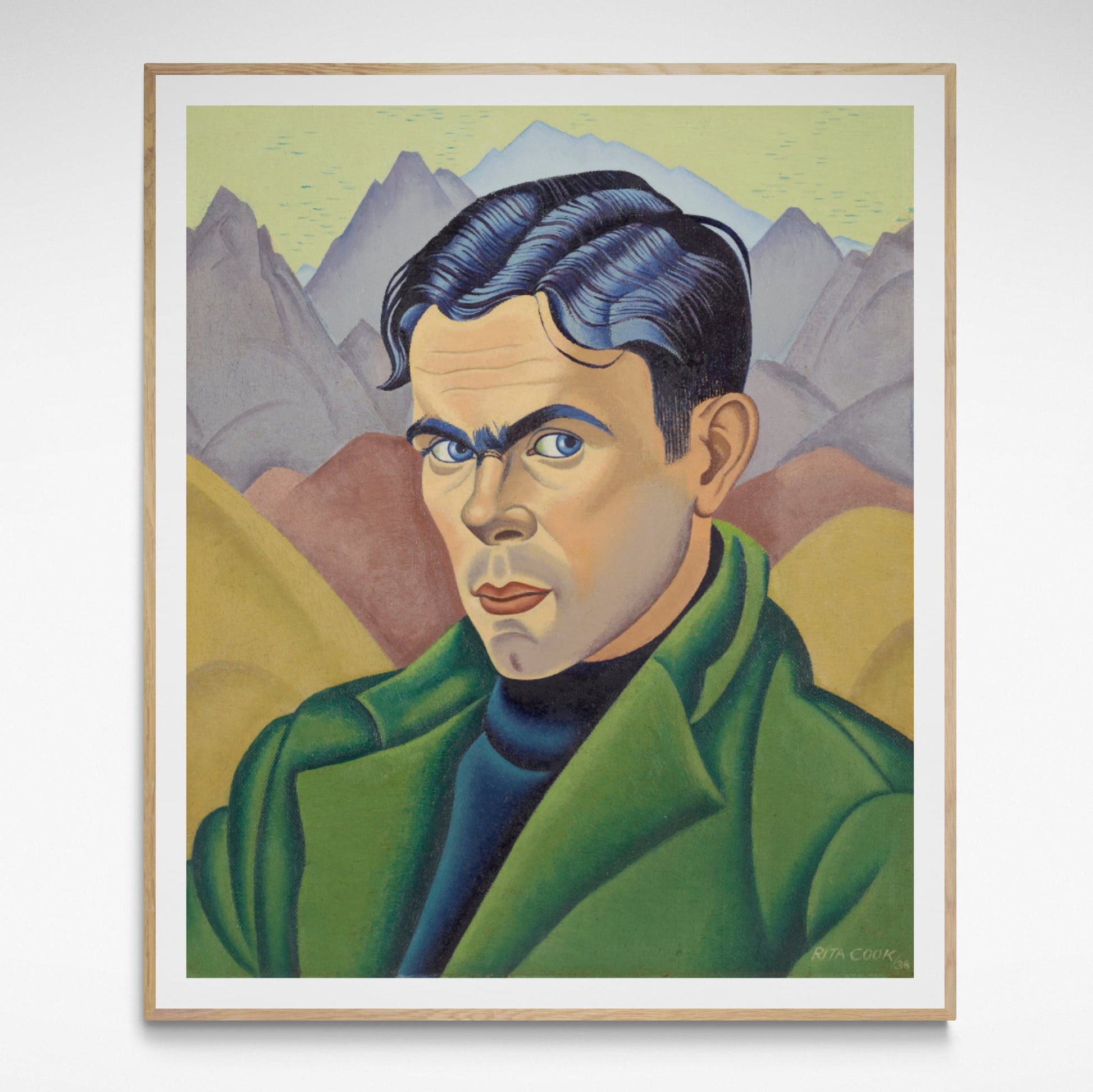 Framed portrait of a man in a green coat against a background of mountains.