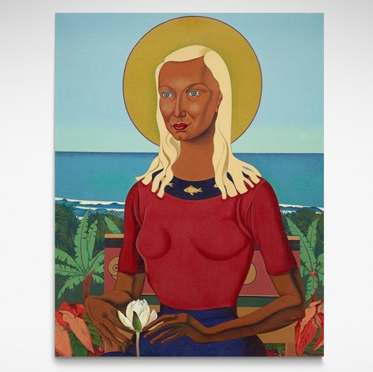 Rutu by Rita Angus is a portrait of a woman with white hair holding a flower in front of a tropical beach scene