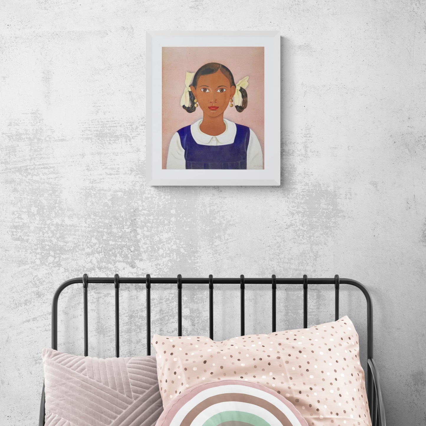 Portrait of a school girl by Rital Angus hanging above bed