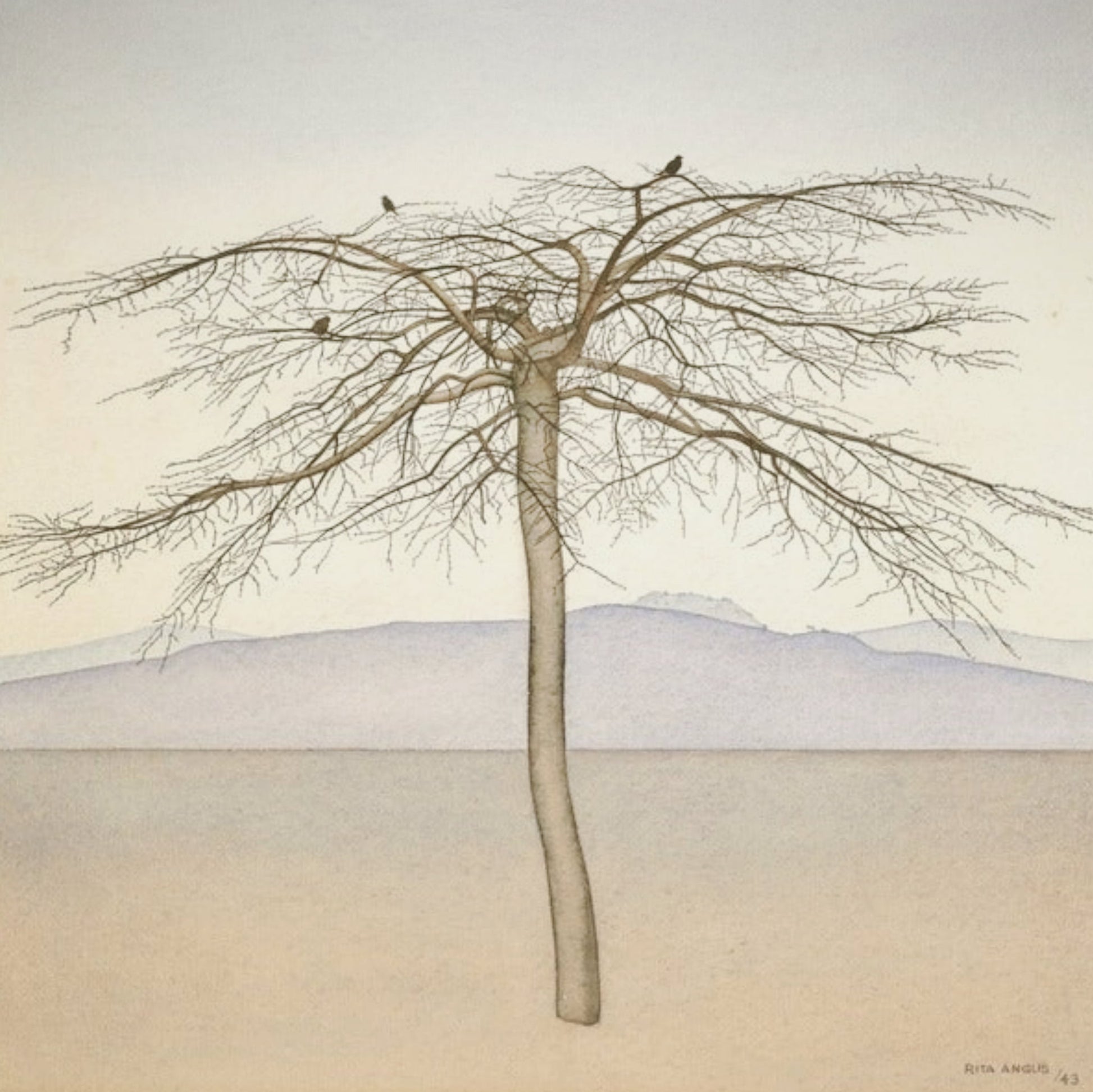 Print of a leafless tree with birds