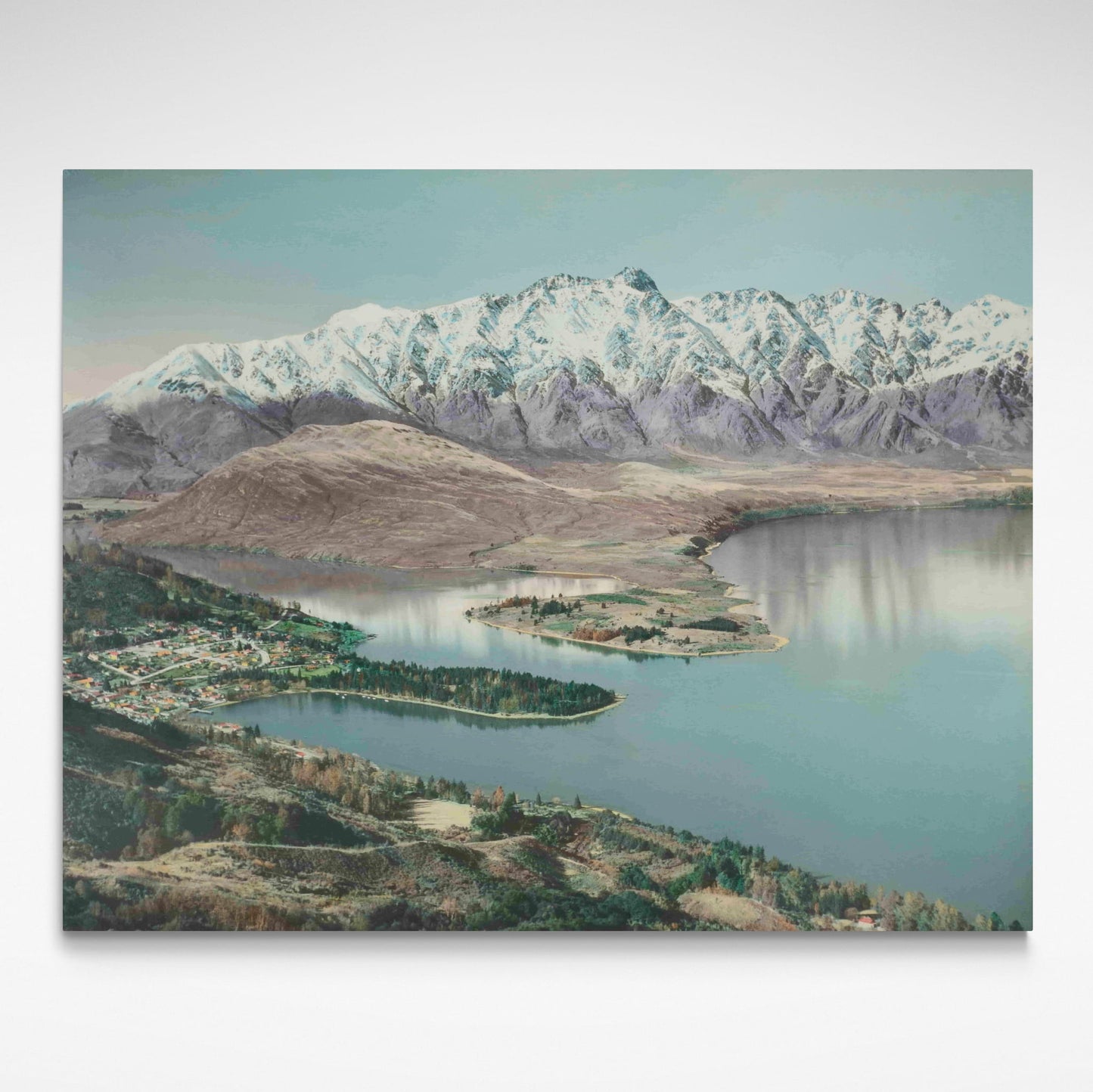 Digital print of hand coloured aerial view of Queenstown in the 1940's