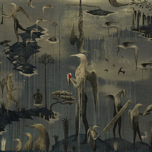Close up of a dark painting depicting hybrid bird humans